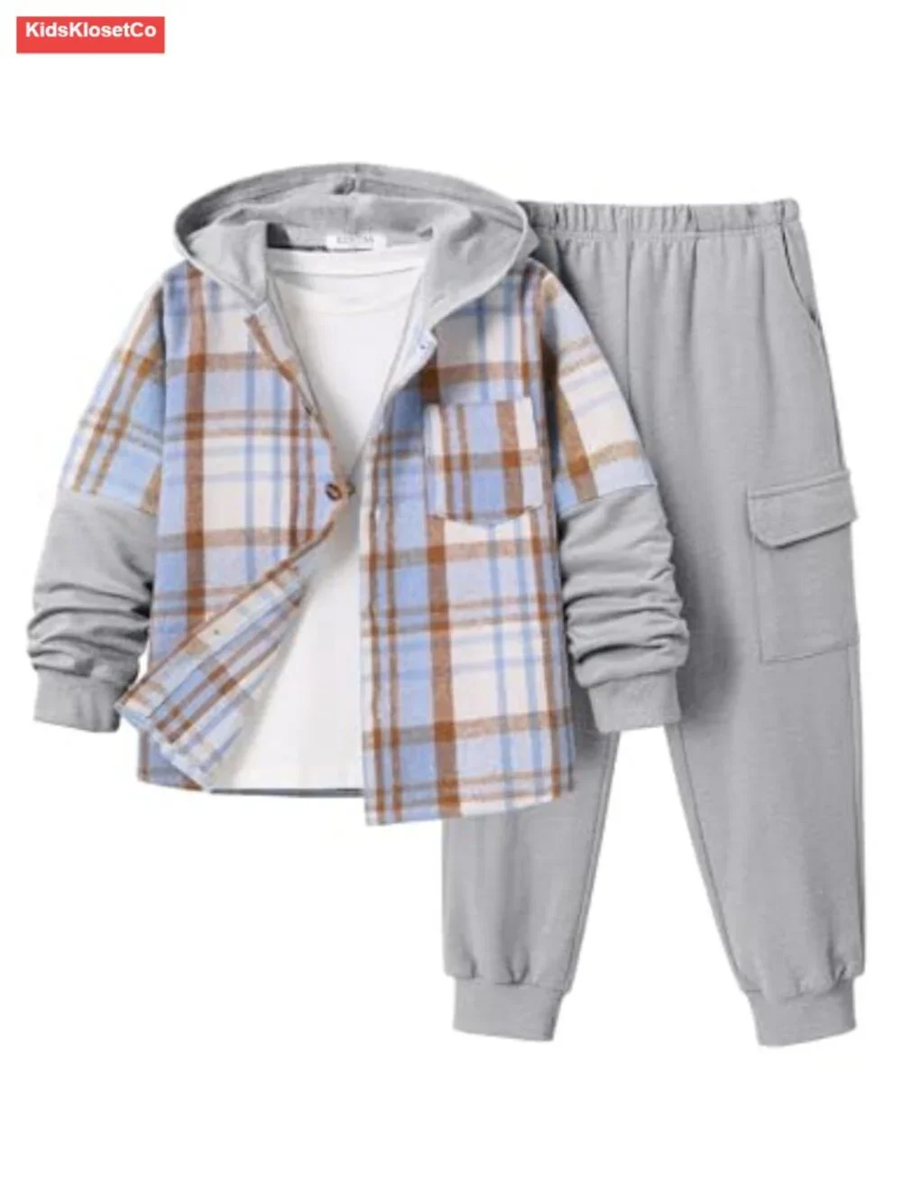 Boys 2-Piece Sweatsuit Set Hoodie Flannel Plaid Shirt and Jogger Pants